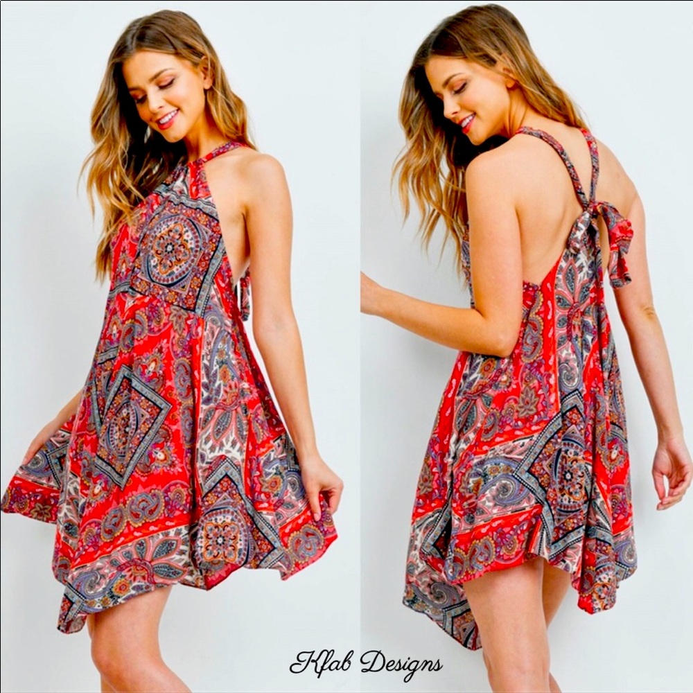 Sassy❤️Red print dress w/cross back & flared fit